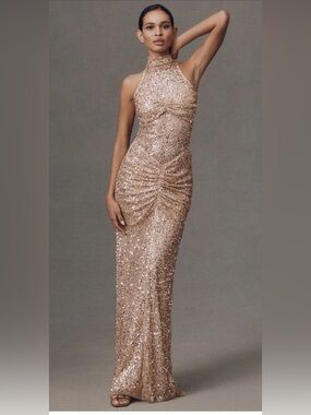 Sequin Halter Maxi Gown in Nude